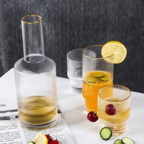 Nordic Ripple Glass Jug and Glasses Set with Gold Line