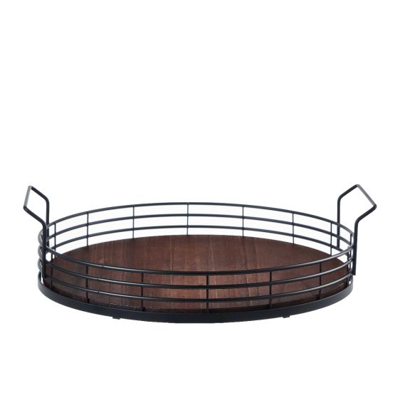 Round Metal Serving Tray with Wooden Base, 34cm