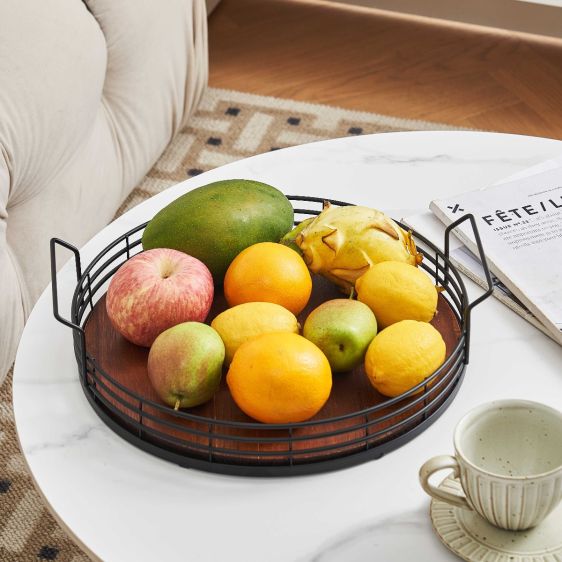 Round Metal Serving Tray with Wooden Base, 34cm