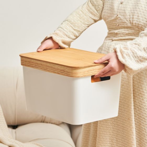 Plastic Storage Basket with Bamboo lid and Handles