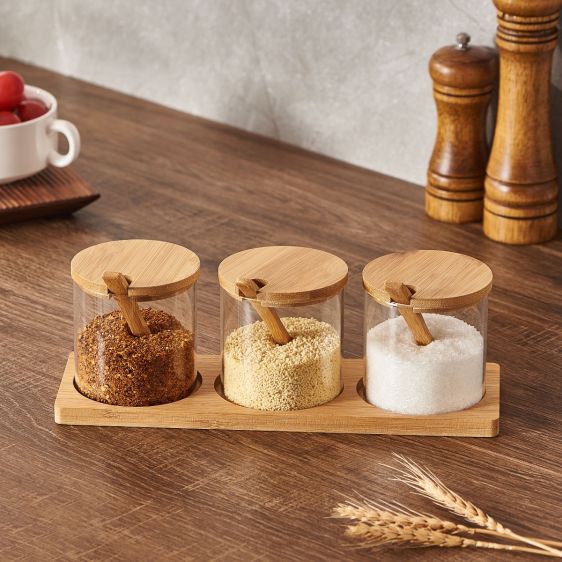 3-Piece Bamboo and Glass Trio Kitchen Jar Set with Serving Spoons and Tray (Round)