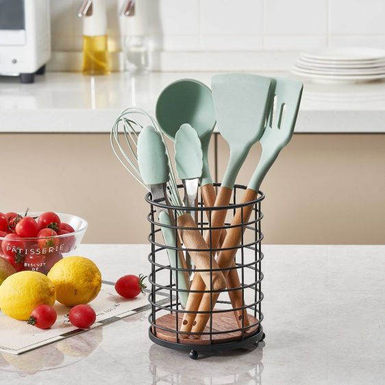 Metal Cutlery Holder Basket with Wooden Base