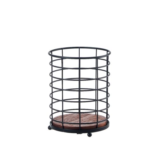 Metal Cutlery Holder Basket with Wooden Base