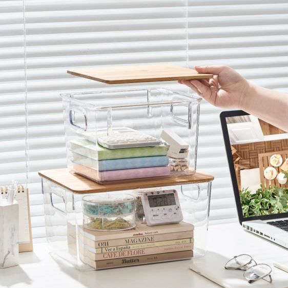 Clear Plastic Storage Box with Bamboo Lid and Handles