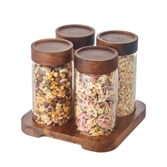 Set of 4 Glass Storage Jars with Acacia Lid and Acacia Tray