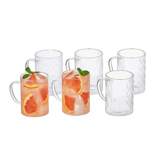 Set of 6 Striped Glass Coffee Cups Set, Espresso Glasses with Handles (160ml)