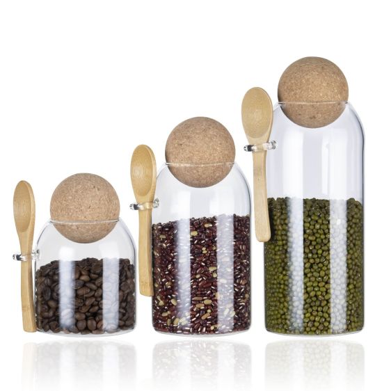 Glass Kitchen Storage Jar with Cork Ball Lid and Spoon