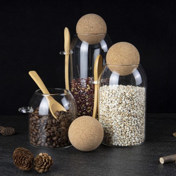 Glass Kitchen Storage Jar with Cork Ball Lid and Spoon