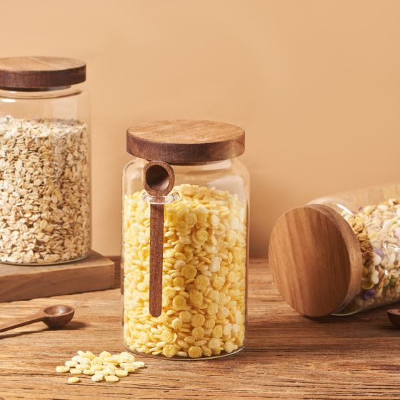 Glass Kitchen Storage Jar with Acacia Lid and Spoon