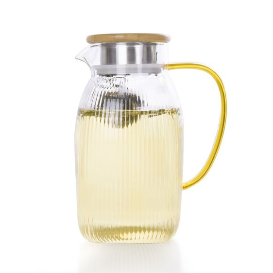 Striped Glass Water Jug with Bamboo Lid- 1.7L