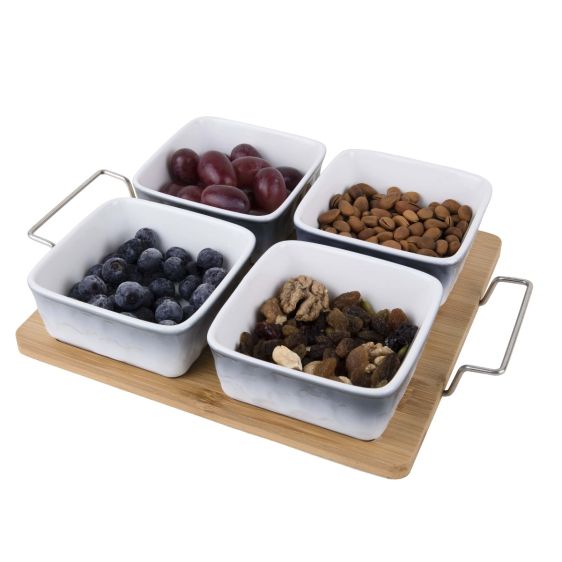 Set of 4 Ceramic Snacks and Dipping Bowls on a Bamboo Tray