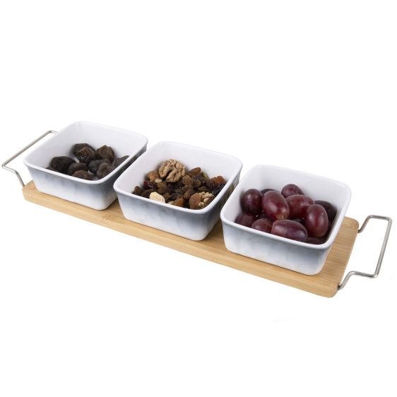 Set of 3 Ceramic Snacks and Dipping Bowls on a Bamboo Tray