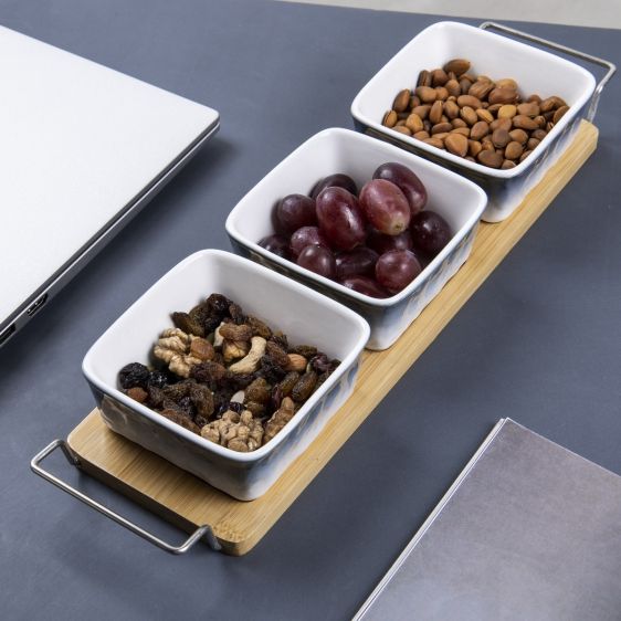 Set of 3 Ceramic Snacks and Dipping Bowls on a Bamboo Tray