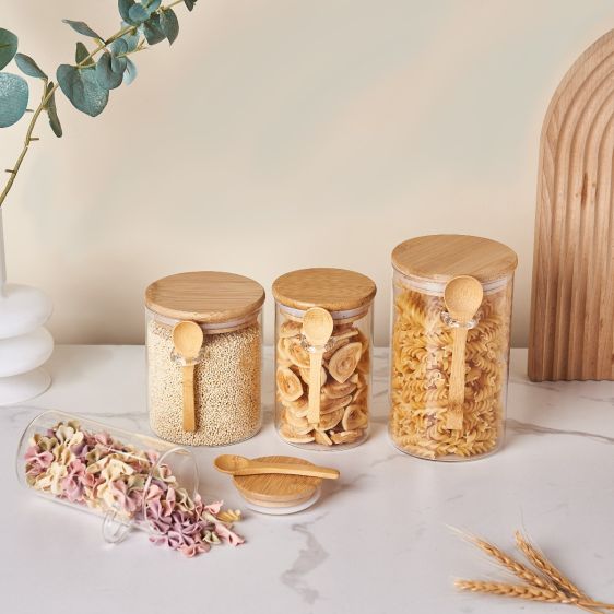Round Glass Storage Jar with Bamboo Lid and Spoon