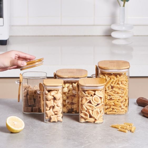 Square Glass Storage Jar with Bamboo Lid and Spoon