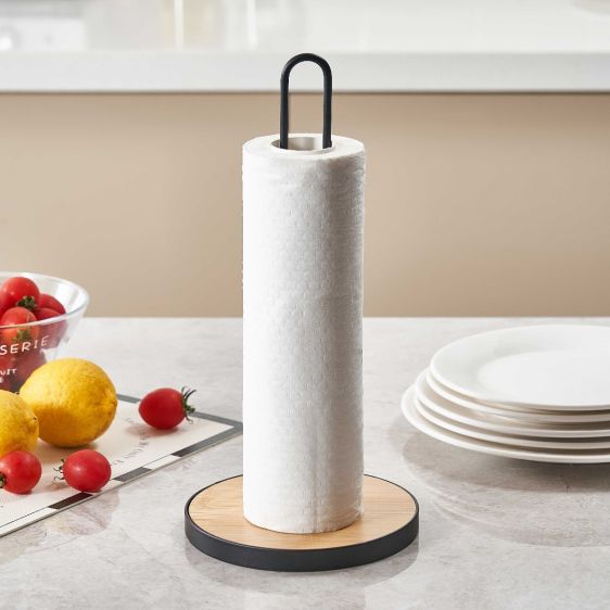 Metal Kitchen Towel Paper Roll Holder with Bamboo Base