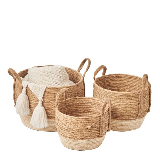 Natural Straw Woven Storage Basket with Handles, Cream