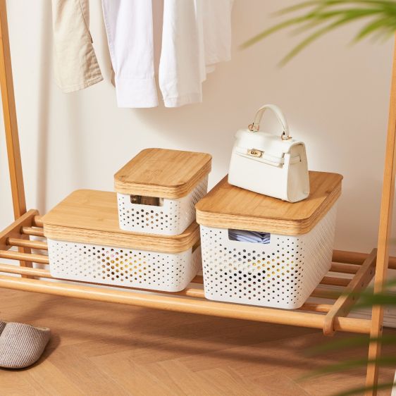 Porous Plastic Storage Basket with Bamboo lid and Handles