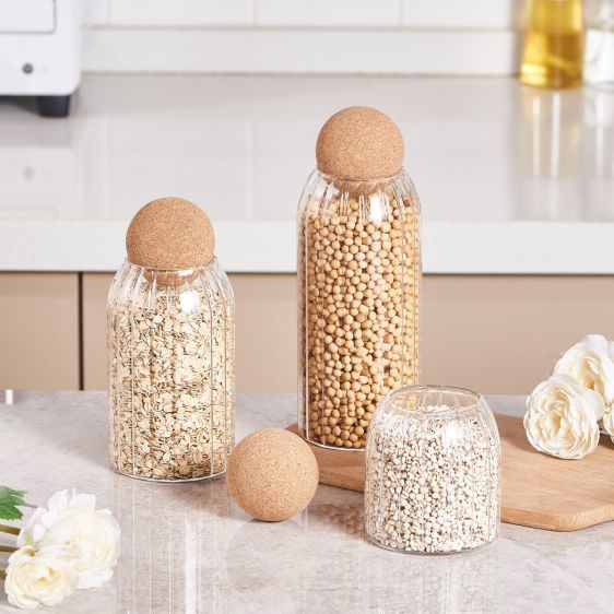 Ribbed Glass Storage Jar with Cork Ball Lid