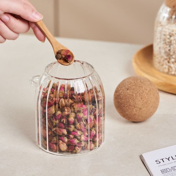 Ribbed Glass Storage Jar with Cork Ball Lid and Spoon
