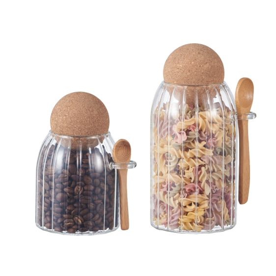 Ribbed Glass Storage Jar with Cork Ball Lid and Spoon