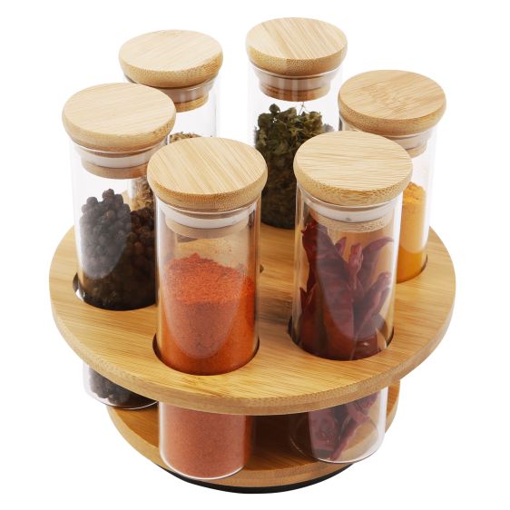  Set of 6 Spice Jars with Bamboo Lid and Round Turntable Stand, 100ml