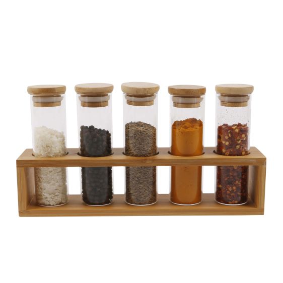 Set of 5 Spice Jars with Bamboo Lid and Stand