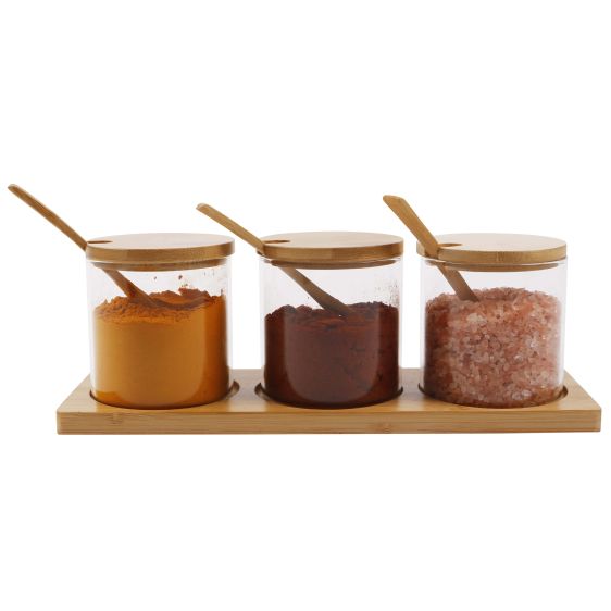 Set of 3 Glass Bowls with Bamboo Lids and Spoon on a Bamboo Tray