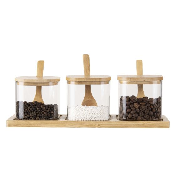 Set of 3 Glass Bowls with Bamboo Lids and Spoon on a Bamboo Tray (Square)