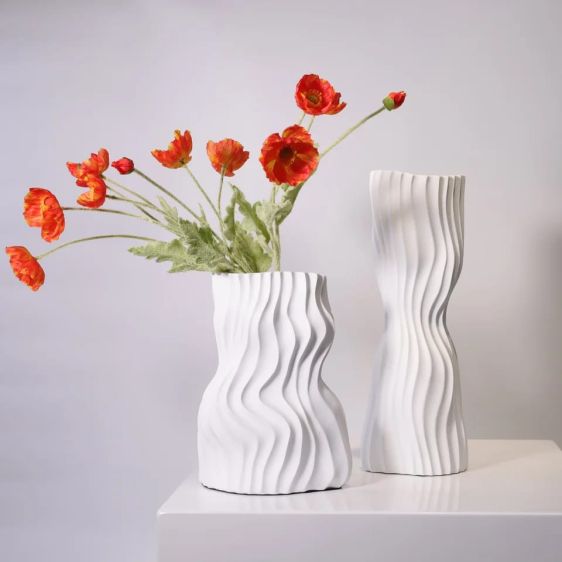 Swirly Rippled Vase Ceramic Vase - White (Short)