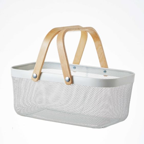 Mesh Wire Metal Storage Basket with Wooden Handle, White