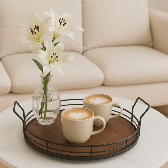 Round Metal Serving Tray with Wooden Base, 34cm