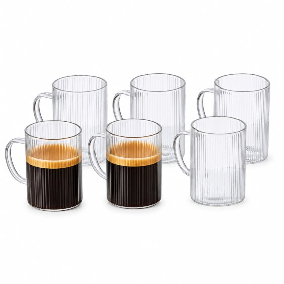 Set of 6 Striped Glass Coffee Cups Set, Espresso Glasses with Handles (160ml)
