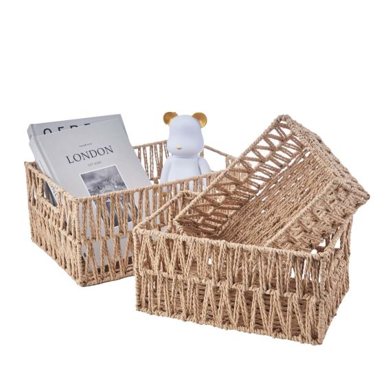 Set of 3 Rectangular Paper Rope Storage Baskets Organisers 