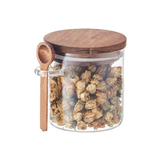 Round Glass Spice Jar with Acacia Lid and Spoon, 0.35L