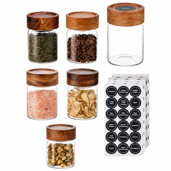 6-Pack Glass Spice Jars with Acacia Wood Lids - 200ml with Labels