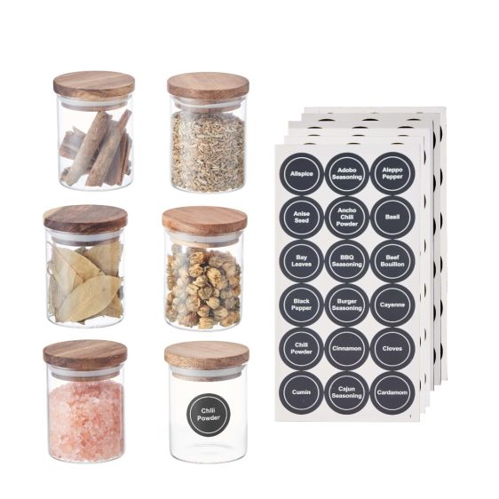 Set of 6 Small Glass Spice Jar with Airtight Acacia Lid