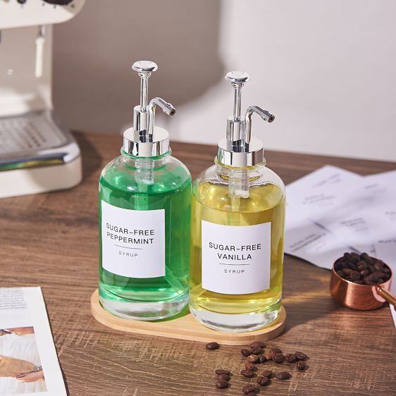 Set of 2 Glass Syrup Dispenser with Bamboo Tray & Labels - Silver