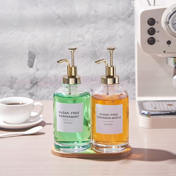 Set of 2 Glass Syrup Dispenser with Bamboo Tray & Labels - Gold