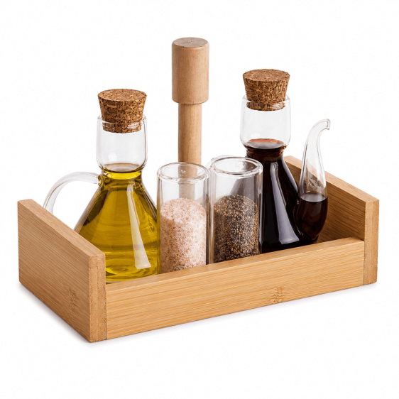 Glass Oil & Vinegar Cruet Set with Bamboo Stand