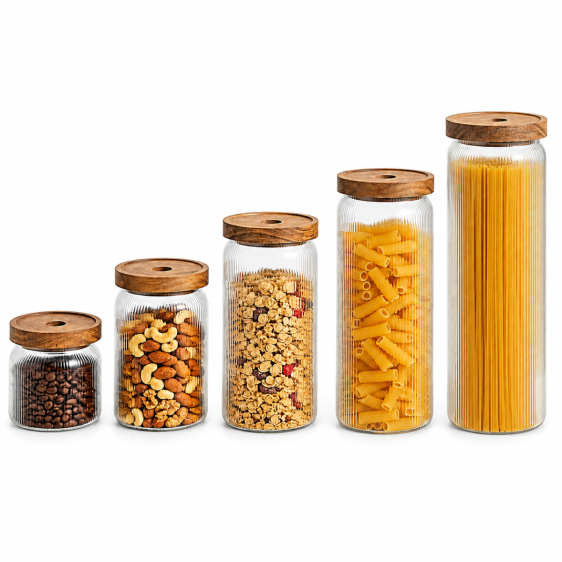 Fine Ribbed Airtight Glass Kitchen Storage Jar with Acacia Wooden Lid