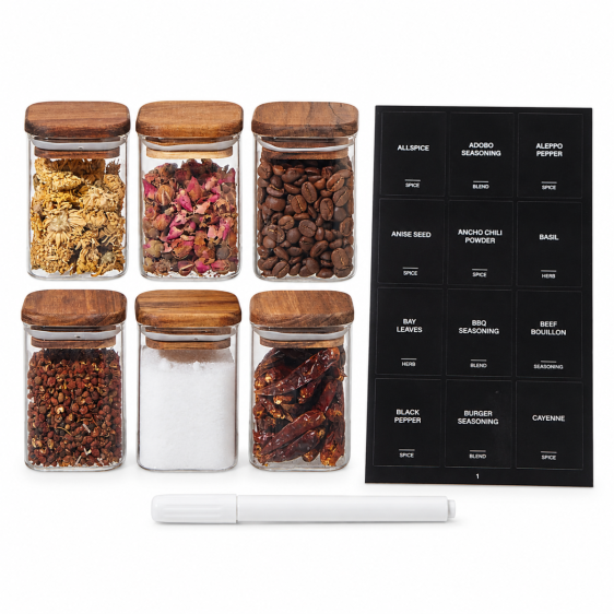 Set of 6 Square Glass Spice Jars with Acacia Lids and Labels