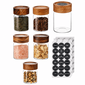 set of 6 glass spice jars with acacia lids and labels
