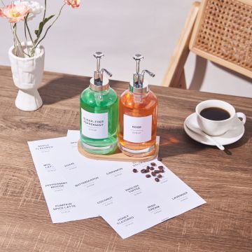 Set of 2 Glass Syrup Dispenser with Bamboo Tray & Labels - Silver