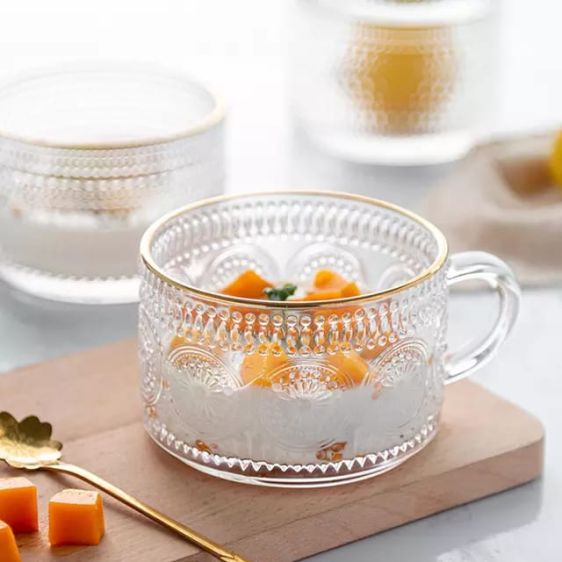Embossed Glass Tea and Coffee Cup, 325ml (With Gold Rim)