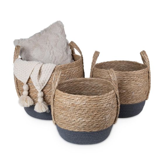 Natural Straw Woven Storage Basket with Handles, Grey