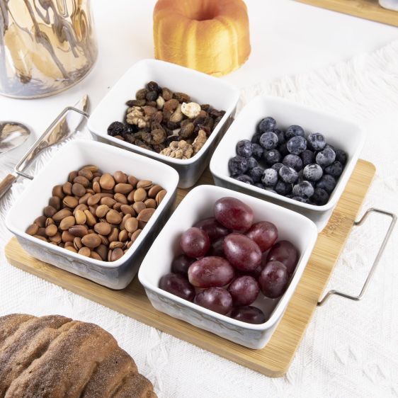 Set of 4 Ceramic Snacks and Dipping Bowls on a Bamboo Tray