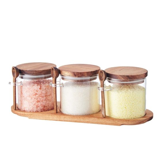 Airtight Glass Kitchen Jar Set with Acacia Wooden Lids, Spoons, and Tray