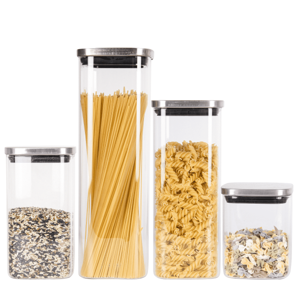 Premium square glass food storage jar with stainless steel lid on a kitchen counter