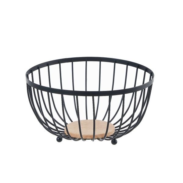 Black Round Metal Fruit Bowl with Wooden Base on a kitchen countertop